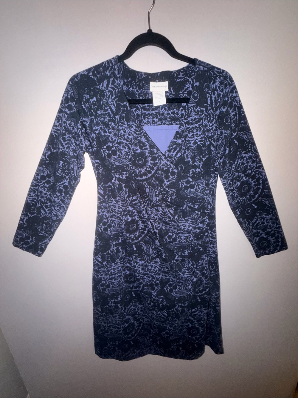 Soft Surroundings Surplice Purple Floral Long Sleeve FauxWrap Dress Cotton Small